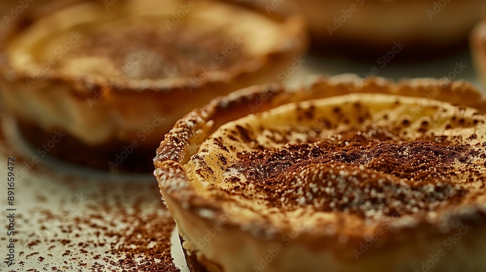 Close-up of delicious creamy tart sprinkled with cocoa powder, showcasing rich texture and tempting flavors. Close-up of delicious creamy tart sprinkled with cocoa powder, showcasing rich texture and tempting flavors.