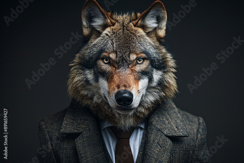 A wolf posing confidently in a stylish business suit, exuding power and leadership. Suitable for corporate and professional usage. photo