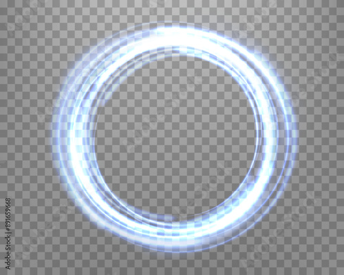 Blue magic ring with glowing. Neon realistic energy flare halo ring. Abstract light effect on a transparent background. Vector illustration.