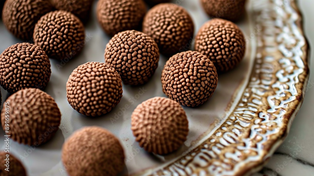 Close-up of delicious chocolate truffles on a ceramic plate, showcasing intricate textures and a rich, inviting appearance. Close-up of delicious chocolate truffles on a ceramic plate, showcasing intricate textures and a rich, inviting appearance.