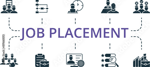 Job Placement icon set. Monochrome simple Job Placement icon collection. Staff, Workflow, Person Hour, Job Interview, Candidate, Staff Selection, Job Contract, Personal Website, Skills Analysis