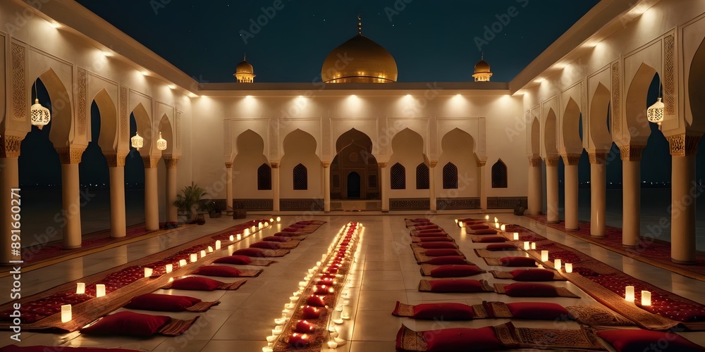 Obraz premium Moonlit mosque courtyard adorned with glowing lanterns and prayer mats, creating a serene and spiritual ambiance.