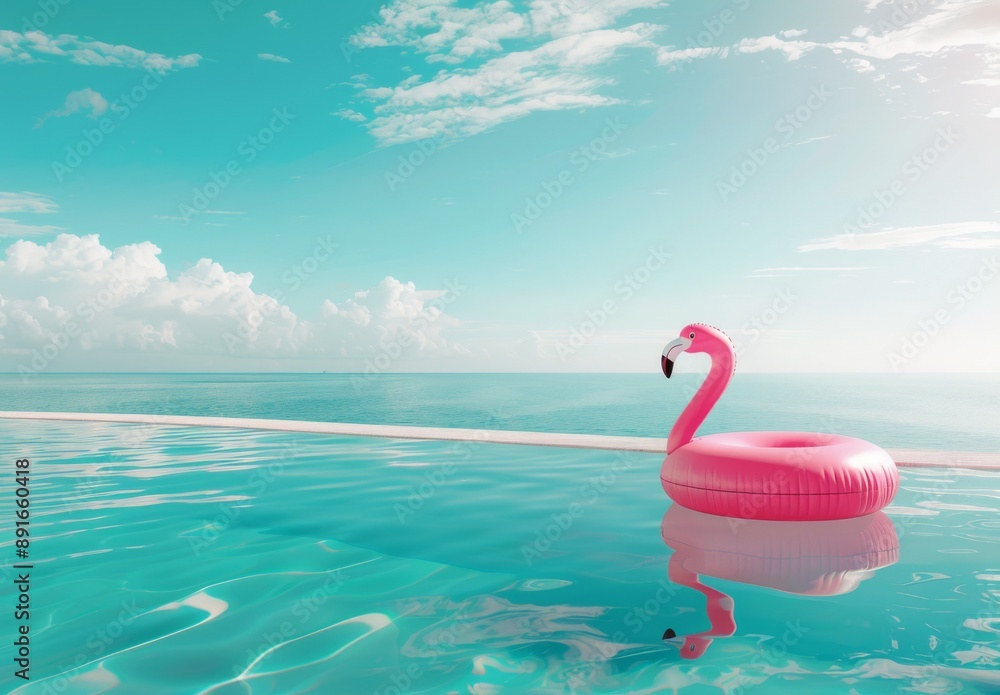 Fototapeta premium inflatable flamingo floating in the pool