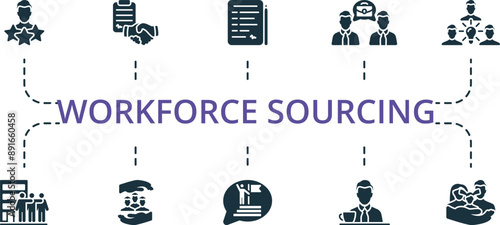 Workforce Sourcing icon set. Monochrome simple Workforce Sourcing icon collection. Staff Selection, Job Contract, Personal Website, Skills Analysis, Career, Company Culture, Employee Retention, Career