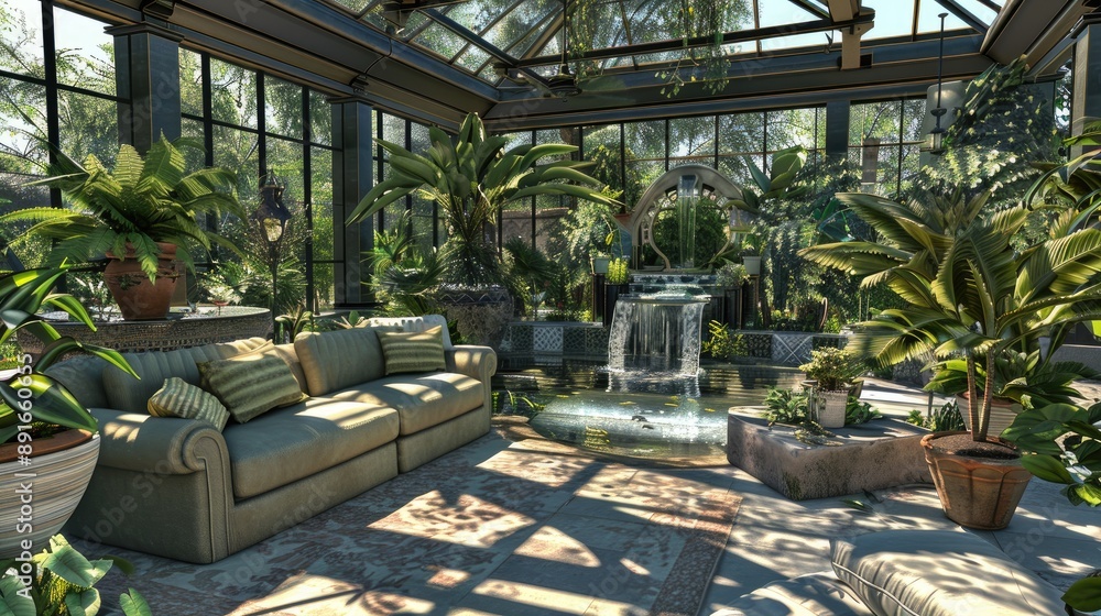A serene transitional garden room with comfortable seating A serene transitional garden room with comfortable seating
