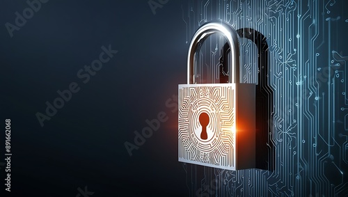 Cyber security concept with padlock on circuit board background. photo