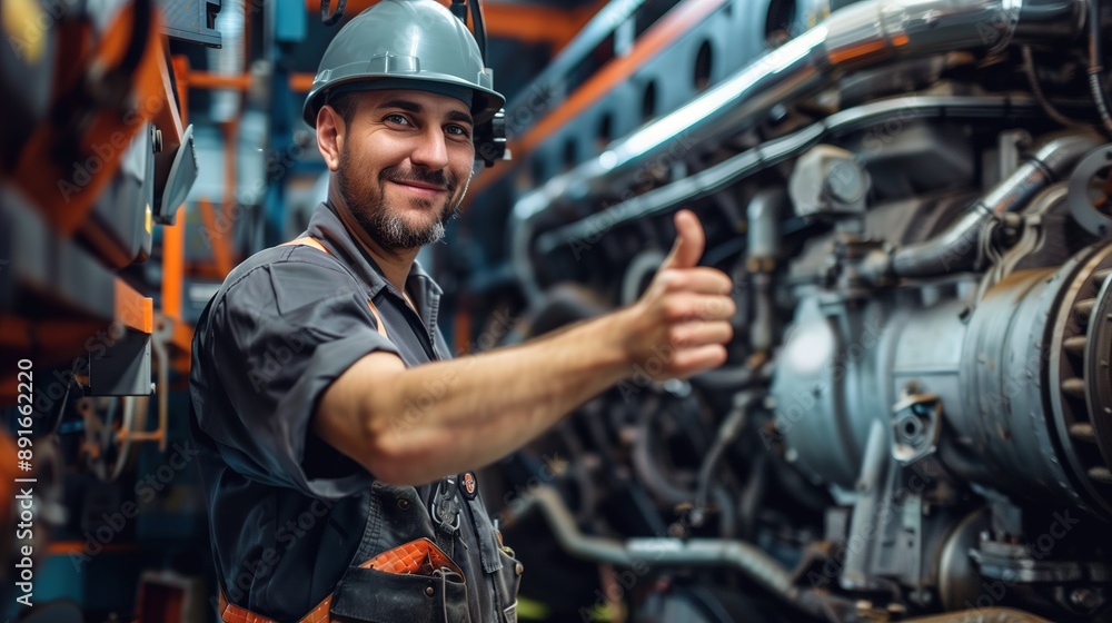 Diesel Engine Mechanic Gives Thumbs Up After Repairing Large Engine Diesel Engine Mechanic Gives Thumbs Up After Repairing Large Engine