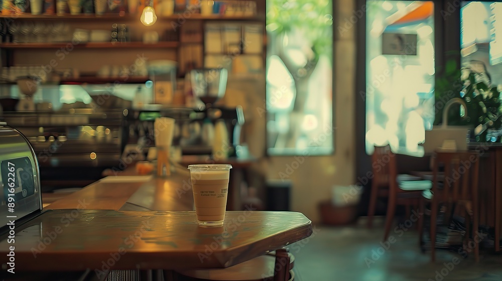 Coffee shop background. Cup of coffee latte on wood bar. Takeaway coffee. High quality AI generated image Coffee shop background. Cup of coffee latte on wood bar. Takeaway coffee. High quality AI generated image