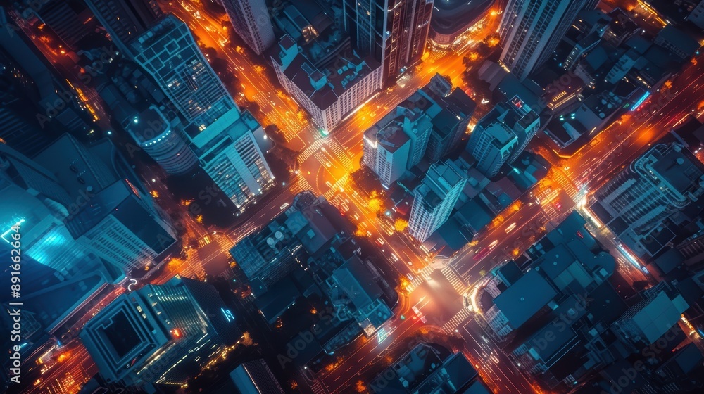 Fototapeta premium Aerial View of a Modern City at Night with Illuminated Streets and Skyscrapers Creating a Vibrant Urban Landscape