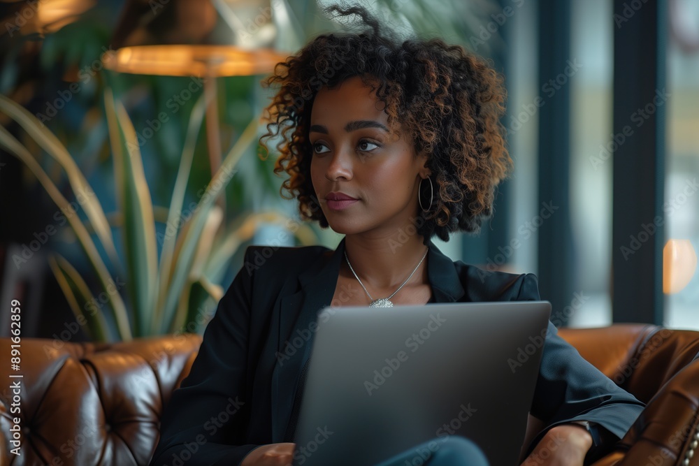 Businesswoman Working on Laptop in Modern Cafe Setting Businesswoman Working on Laptop in Modern Cafe Setting