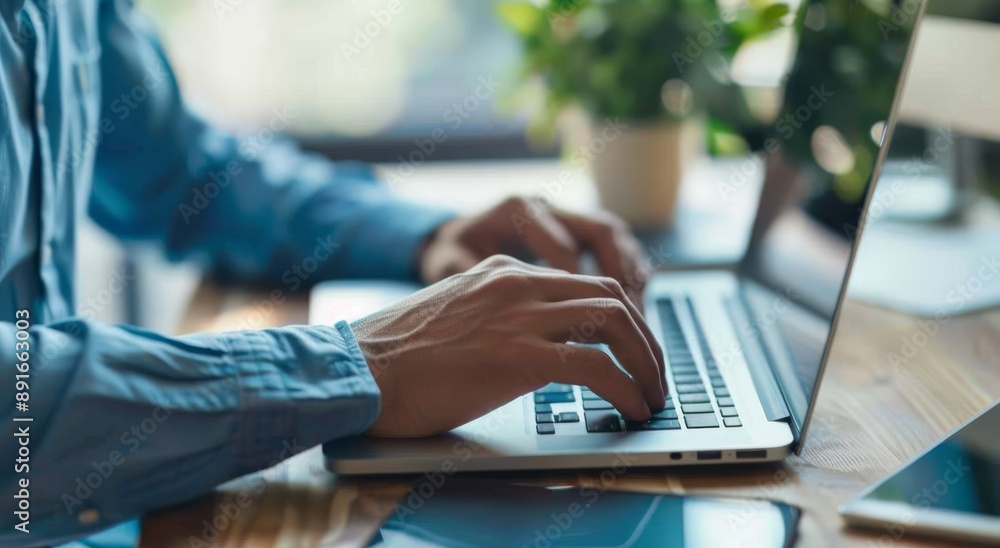 hands typing on a laptop on an office desk with a notebook and tablet computer hands typing on a laptop on an office desk with a notebook and tablet computer