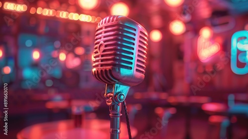 Retro Microphone in a Vibrant Neon-Lit Bar Setting, Capturing the Essence of Live Music and Nightlife Ambiance
