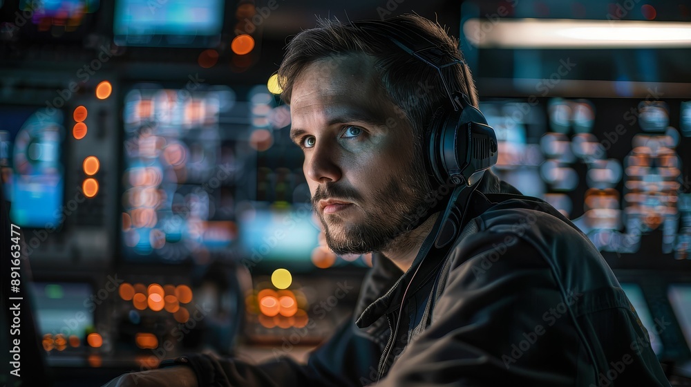 A focused man in headphones, looking intently at a screen in a futuristic control room. A focused man in headphones, looking intently at a screen in a futuristic control room.