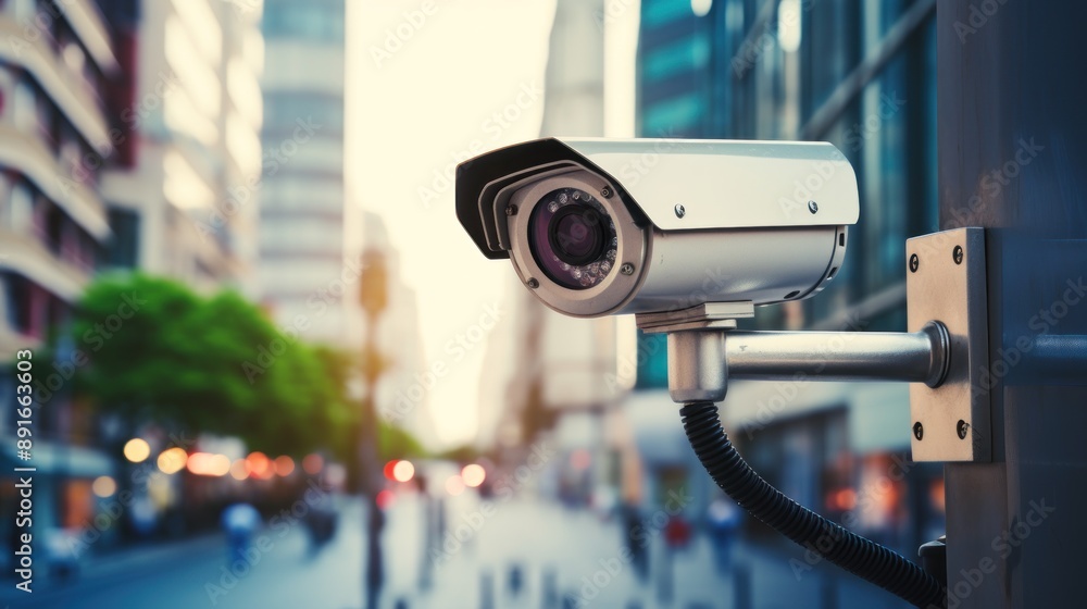 A camera is mounted on a pole in a city street. The camera is pointed at the street and the people walking on it A camera is mounted on a pole in a city street. The camera is pointed at the street and the people walking on it