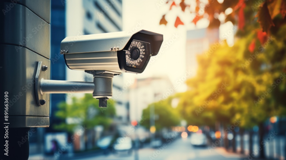 A camera is mounted on a pole in a city street. A camera is mounted on a pole in a city street.