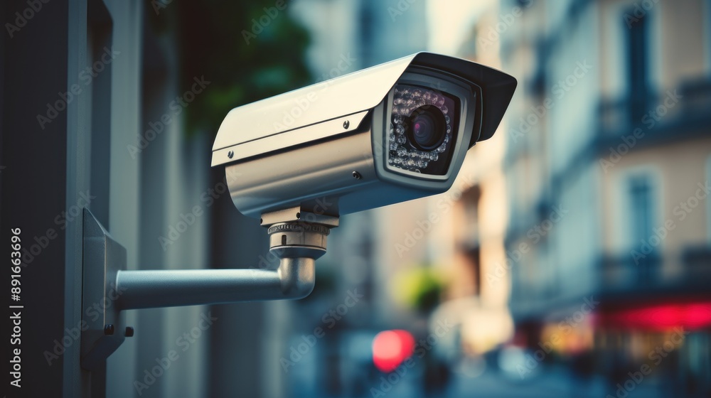 A camera is mounted on a pole in a city street. A camera is mounted on a pole in a city street.
