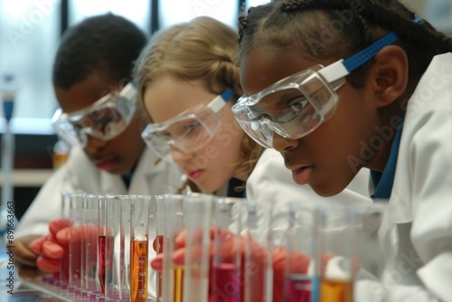 A group of students working together on a science project, with lab coats and safety goggles on, experimenting with test tubes.