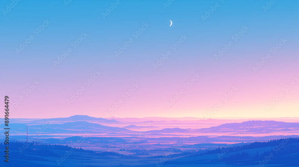 pastel gradient landscape with crescent moon and clear sky over rolling hills and soft horizon pastel gradient landscape with crescent moon and clear sky over rolling hills and soft horizon