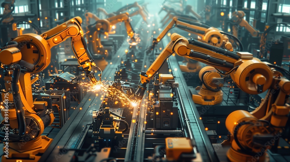 Futuristic Robotic Arms Welding in a Modern Factory Futuristic Robotic Arms Welding in a Modern Factory
