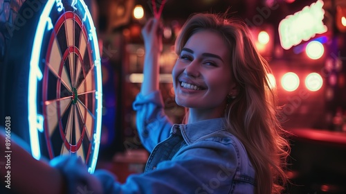 Smiling Woman Plays Darts in Neon-Lit Bar