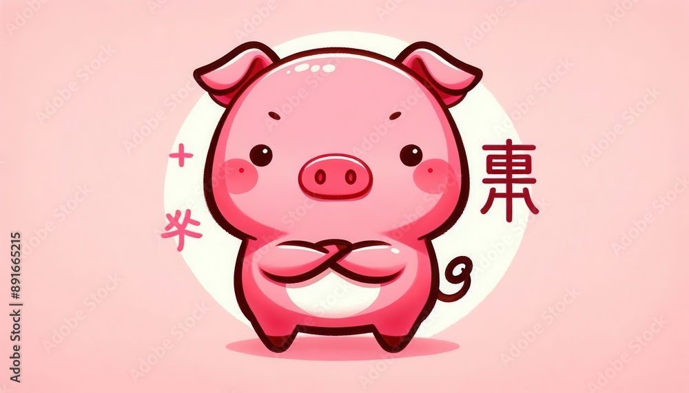 A determined-looking cartoon pig stands with its arms crossed on a pink background. Chinese characters for A determined-looking cartoon pig stands with its arms crossed on a pink background. Chinese characters for