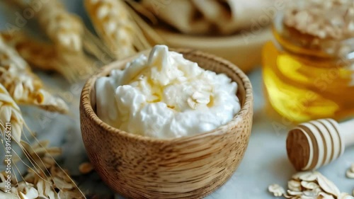 Oats, honey, yogurt, face scrub ingredients, still life skin care consept