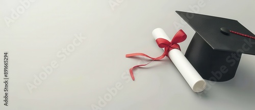 A black cap and a white roll of paper with a red ribbon on it