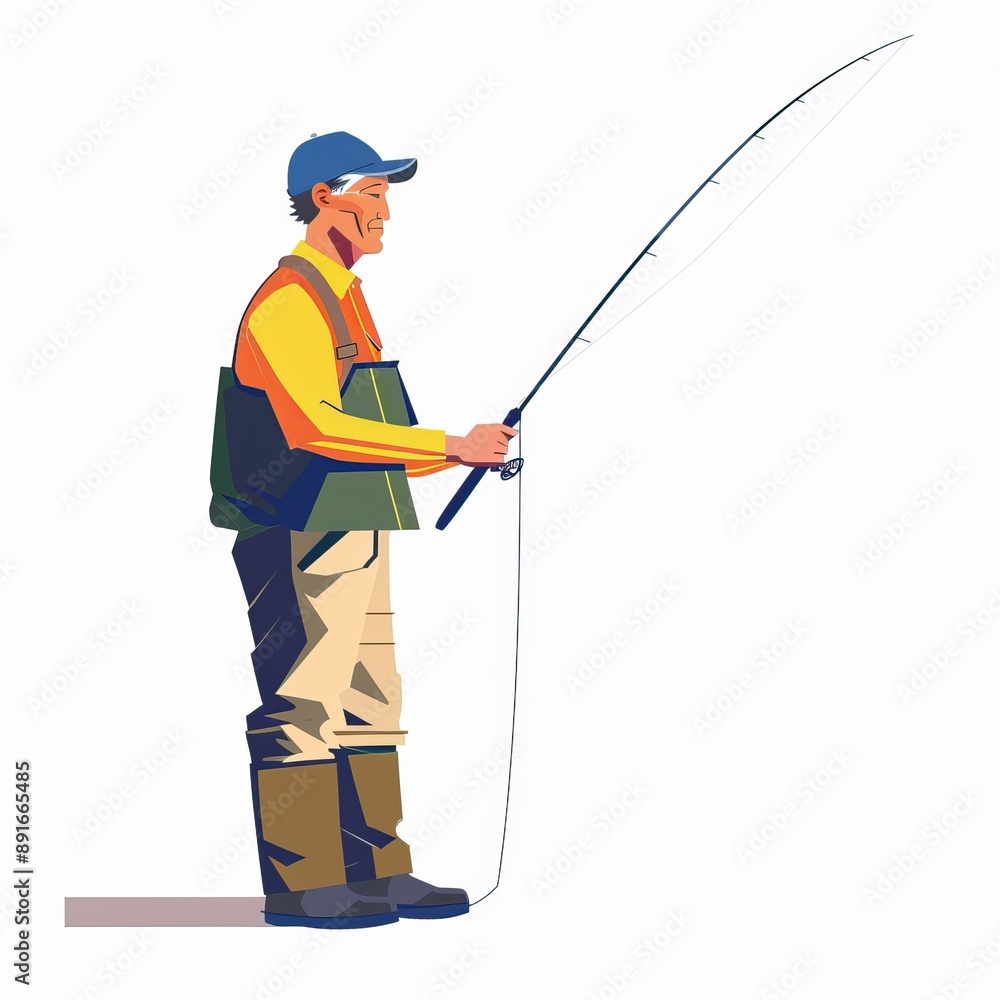 Obraz premium Minimalist Fisherman Illustrations. Simple cartoon style flat fisherman character. High quality AI generated image