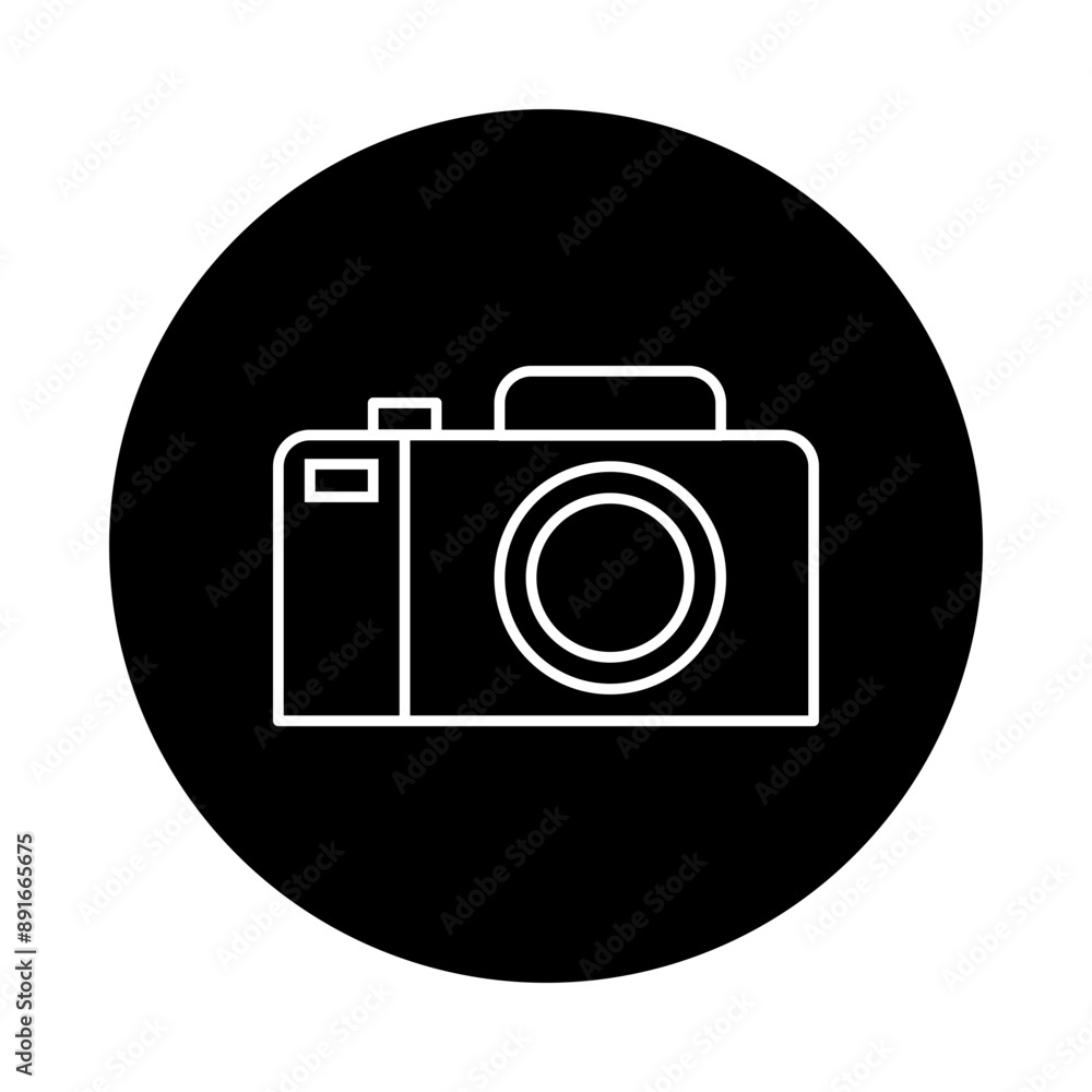 Camera vector icon, white line flat design camera on black background. Camera vector icon, white line flat design camera on black background.