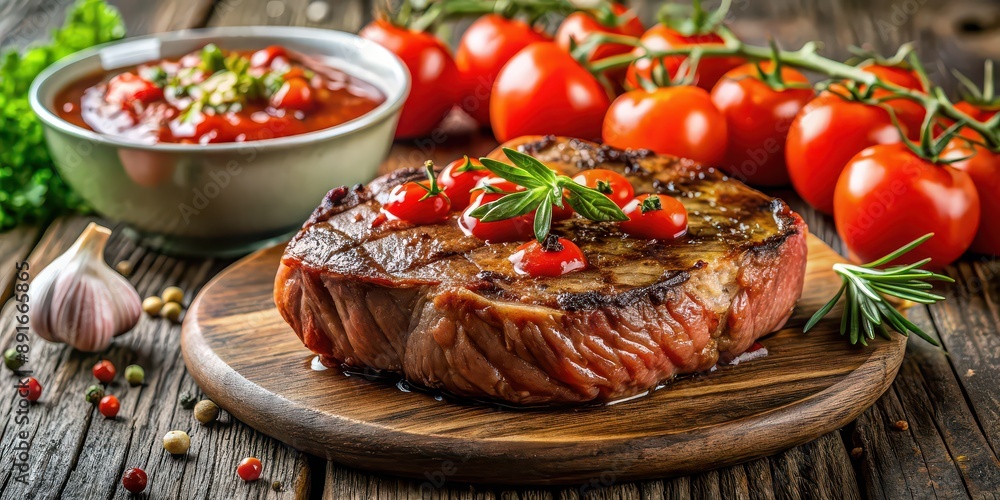 Grilled steak topped with savory tomato sauce , juicy, barbecue, dinner, meat, gourmet, delicious, food, flavorful, sauce, homemade Grilled steak topped with savory tomato sauce , juicy, barbecue, dinner, meat, gourmet, delicious, food, flavorful, sauce, homemade