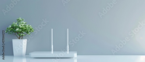 A white router sits on a table next to a potted plant photo