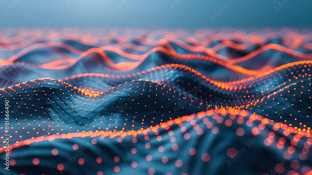 Futuristic background with glowing orange dots on wavy grid Futuristic background with glowing orange dots on wavy grid