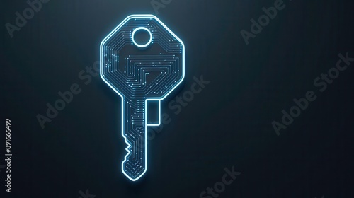 Glowing digital key with neon wireframes, cybersecurity access photo