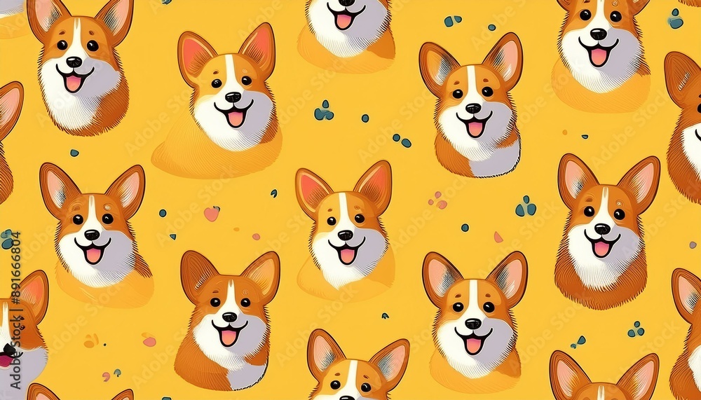Fototapeta premium Corgi dog pattern with playful and cheerful corgi faces on a yellow background. Seamless tile design ideal for kids products, textiles, and wallpapers. Features happy corgi expressions.