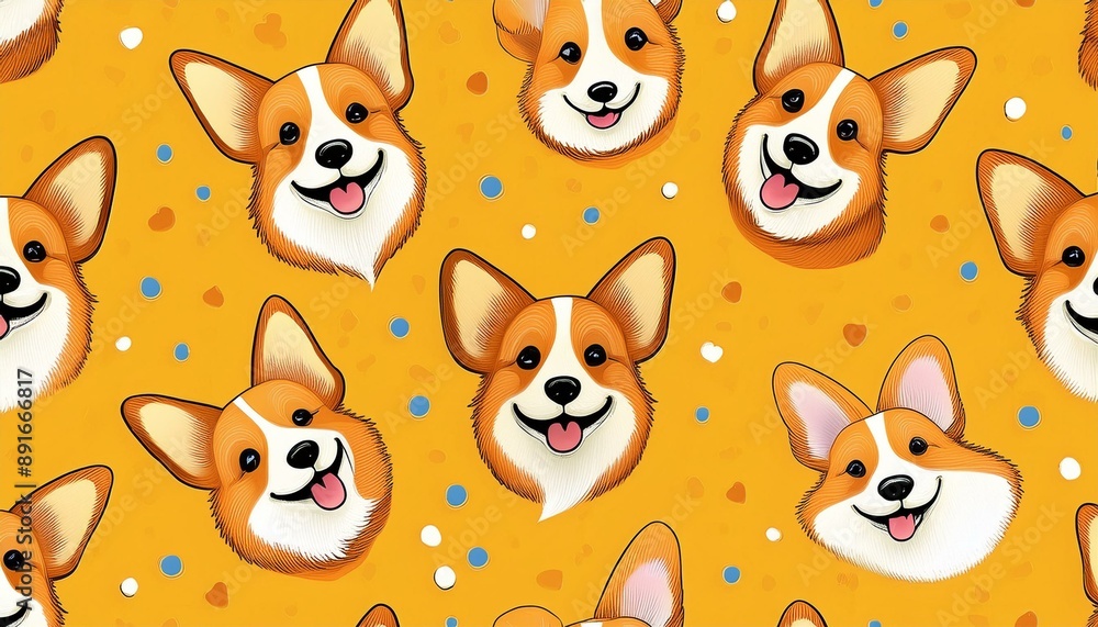 Fototapeta premium Corgi dog pattern with playful and cheerful corgi faces on a yellow background. Seamless tile design ideal for kids products, textiles, and wallpapers. Features happy corgi expressions.