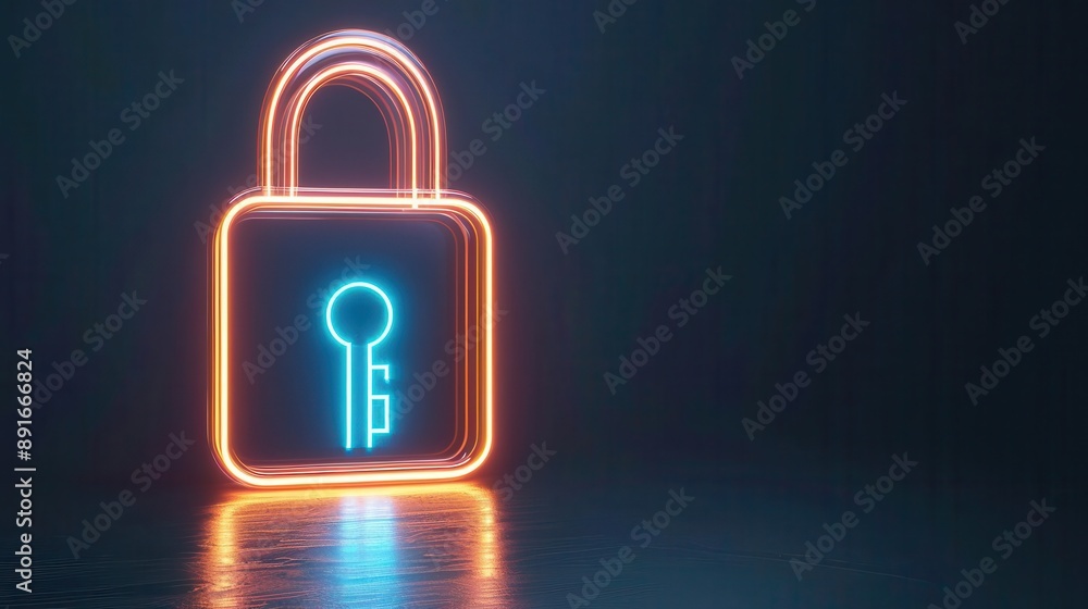 Neon wireframe lock with a glowing keyhole, secure access Neon wireframe lock with a glowing keyhole, secure access