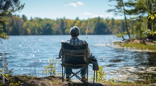 Fisherman sits on the chair with fishing rods for fishing on the lake. High quality AI generated image photo