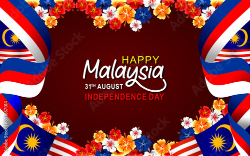Happy Independence day 2024, Malaysia Independence day 1957, 31st August, 31 August, National Day, Independence Day, with flags, ribbons and hibiscus flowers vector illustration