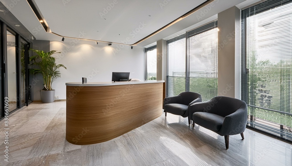 Fototapeta premium Modern reception area with sleek desk and stylish seating, Productivity Boost, Contemporary Design, Seating Area, Minimalist Vibes