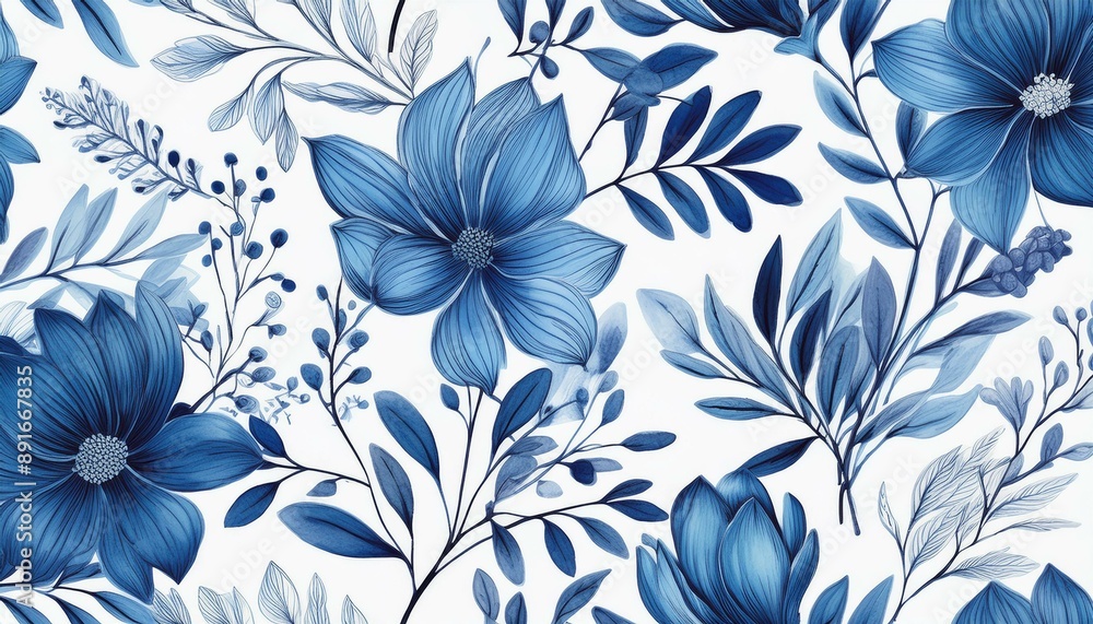 Seamless pattern of blue botanical illustrations on white background Seamless pattern of blue botanical illustrations on white background