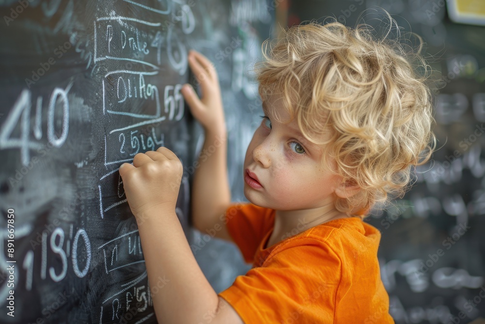 A young student writing on a chalkboard, practicing letters or numbers, with a look of concentration. A young student writing on a chalkboard, practicing letters or numbers, with a look of concentration.