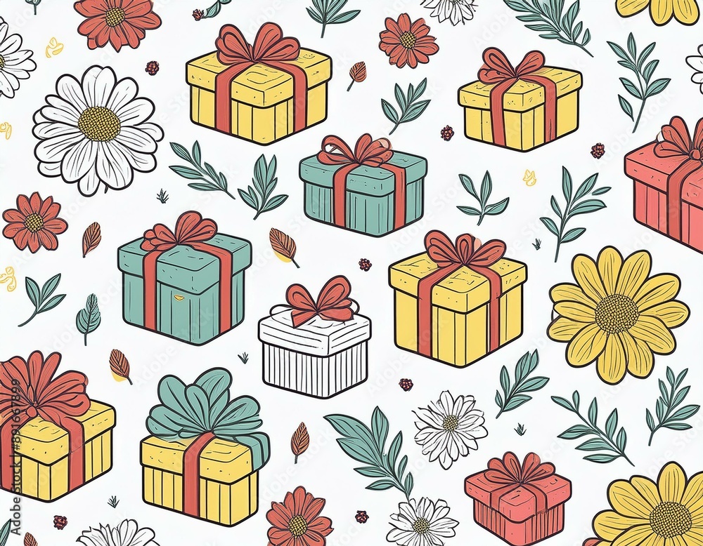Seamless pattern of gift boxes and flowers on white background Seamless pattern of gift boxes and flowers on white background