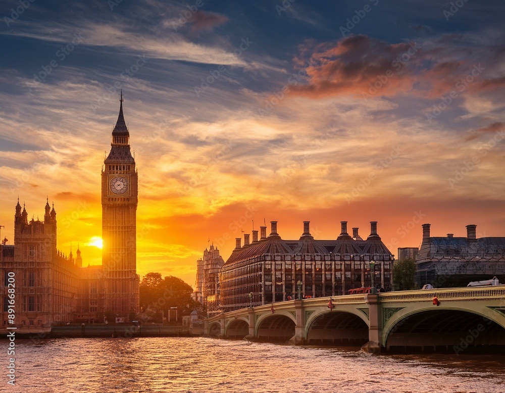 Naklejka premium Sunset over the City of London with Big Ben Tower standing tall, uk, big ben, clouds, london
