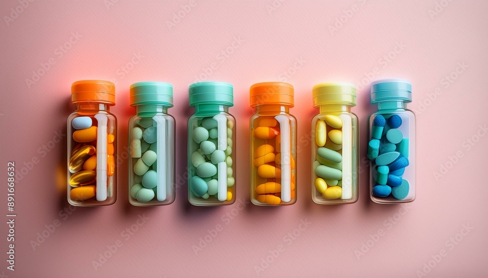 vibrant row of pills in various shades of blue, yellow, green, and orange, lying neatly arranged on soft pink background, waiting to be taken., pill bottle vibrant row of pills in various shades of blue, yellow, green, and orange, lying neatly arranged on soft pink background, waiting to be taken., pill bottle