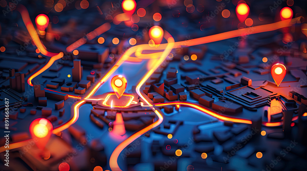 Fototapeta premium Glowing location sign on 3d map model