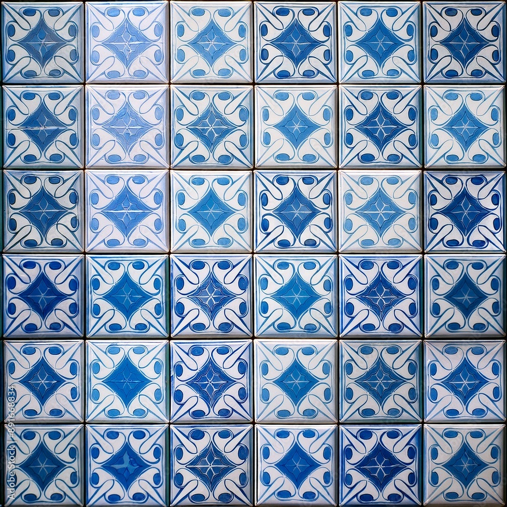 A blue and white tile pattern with a blue and white color scheme A blue and white tile pattern with a blue and white color scheme