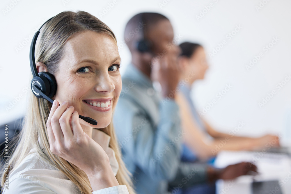 Business, mature woman and portrait in call center with microphone for technical support and customer service. Telemarketing agency, person and consultant with headset for help desk advice and happy Business, mature woman and portrait in call center with microphone for technical support and customer service. Telemarketing agency, person and consultant with headset for help desk advice and happy