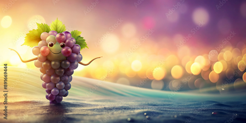 Fototapeta premium Cheerful, anthropomorphic cluster of grapes against a vivid, bokeh background with warm lighting, creating a whimsical atmosphere. The grape has a smiling face with copy space. Generated by AI.