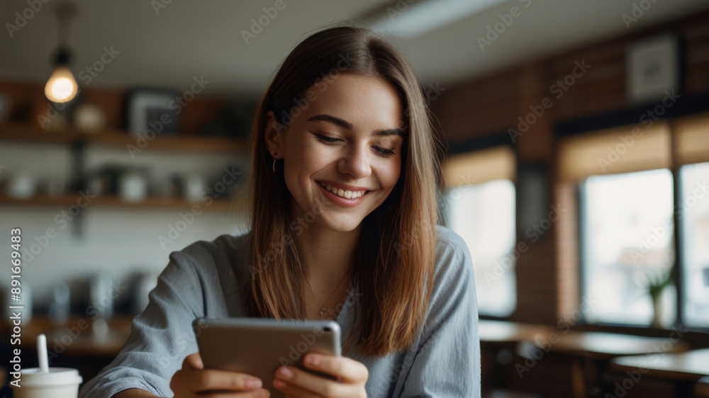 a young woman enjoying her time in a bright café, using a tablet and smiling