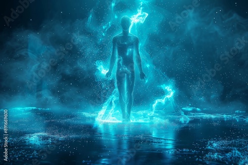 Human figure composed of glowing blue particles, resembling a digital or holographic form, in a futuristic scene.